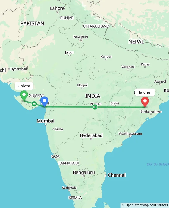 Route map showing distance and travel time from Upleta, India to Talcher, India