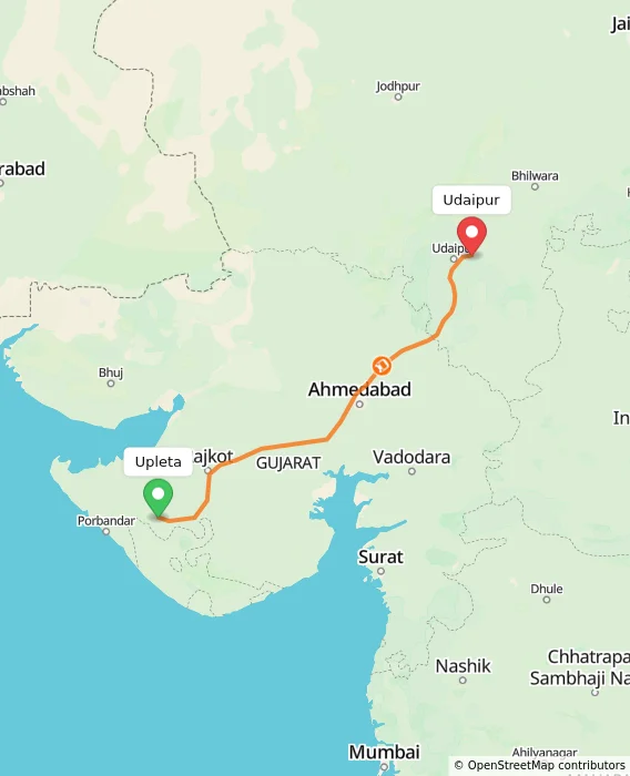 Route map showing distance and travel time from Upleta, India to Udaipur, India