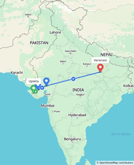 Route map showing distance and travel time from Upleta, India to Varanasi, India