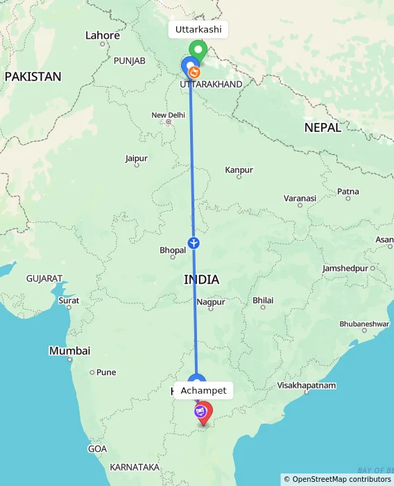 Route map showing distance and travel time from Uttarkashi, India to Achampet, India