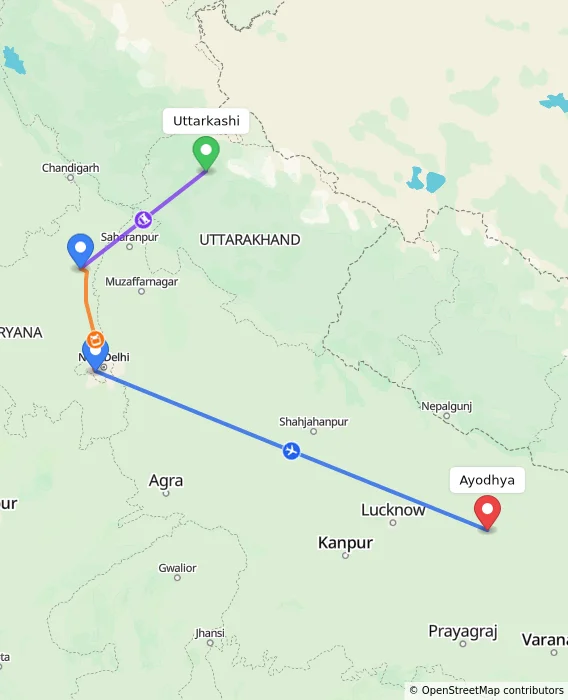 Route map showing distance and travel time from Uttarkashi, India to Ayodhya, India