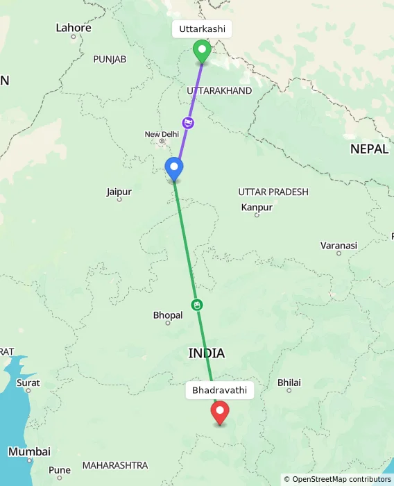 Route map showing distance and travel time from Uttarkashi, India to Bhadravathi, India