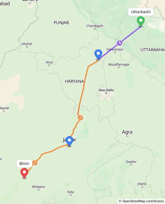 Route map showing distance and travel time from Uttarkashi, India to Bhim, India