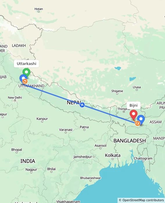 Route map showing distance and travel time from Uttarkashi, India to Bijni, India