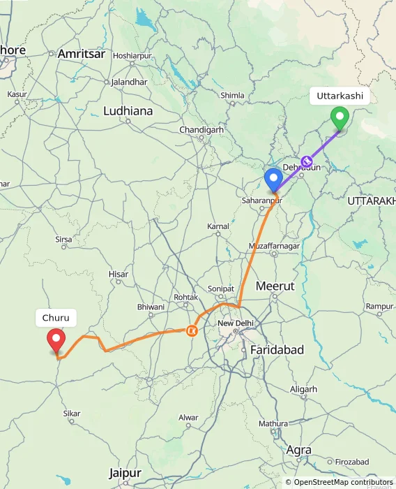 Route map showing distance and travel time from Uttarkashi, India to Churu, India