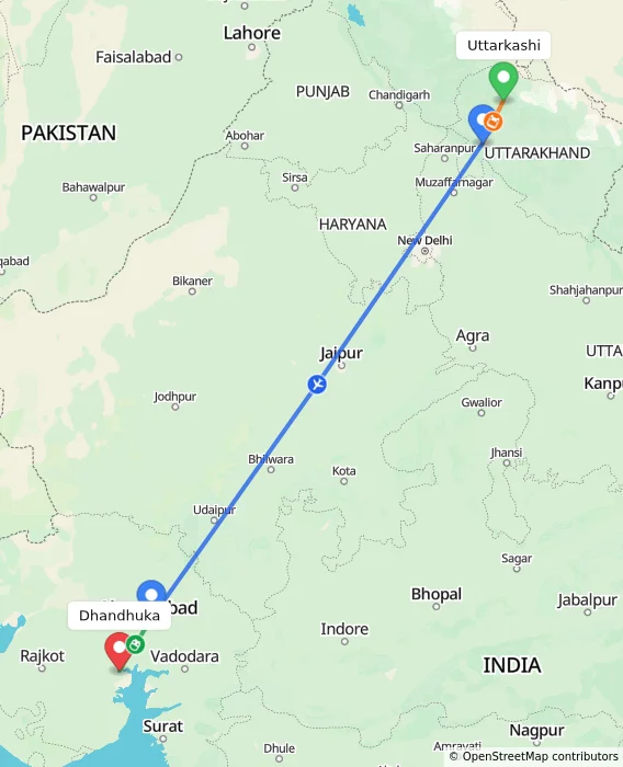 Route map showing distance and travel time from Uttarkashi, India to Dhandhuka, India