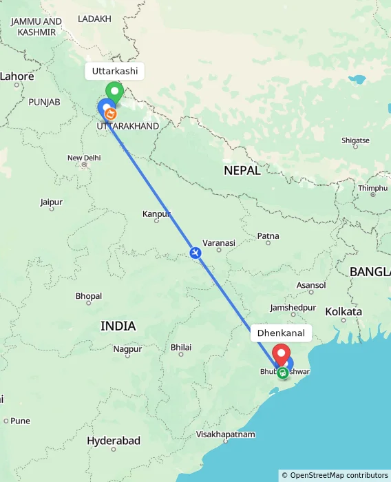 Route map showing distance and travel time from Uttarkashi, India to Dhenkanal, India