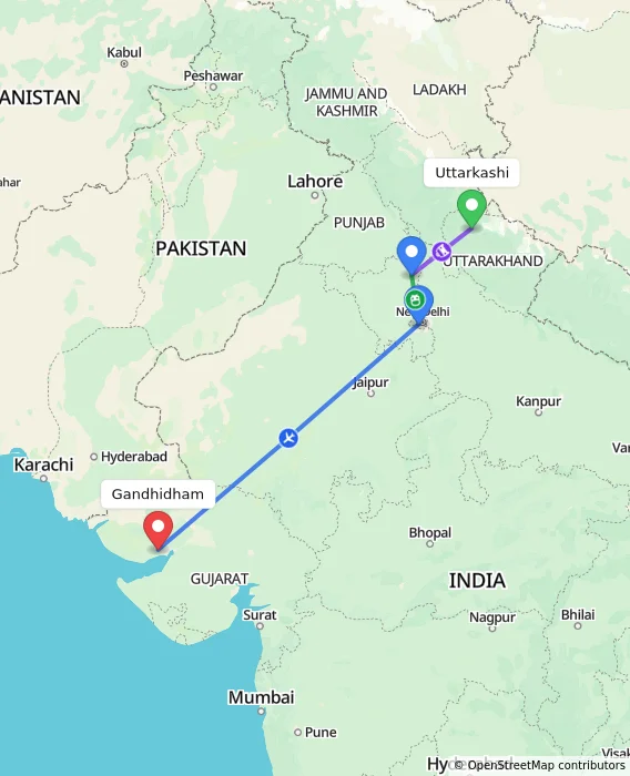 Route map showing distance and travel time from Uttarkashi, India to Gandhidham, India