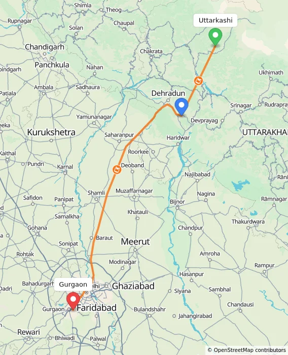 Route map showing distance and travel time from Uttarkashi, India to Gurgaon, India