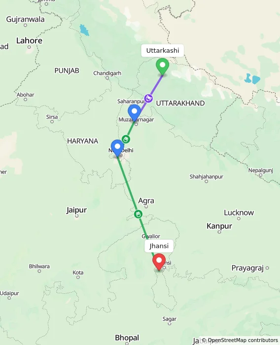 Route map showing distance and travel time from Uttarkashi, India to Jhansi, India