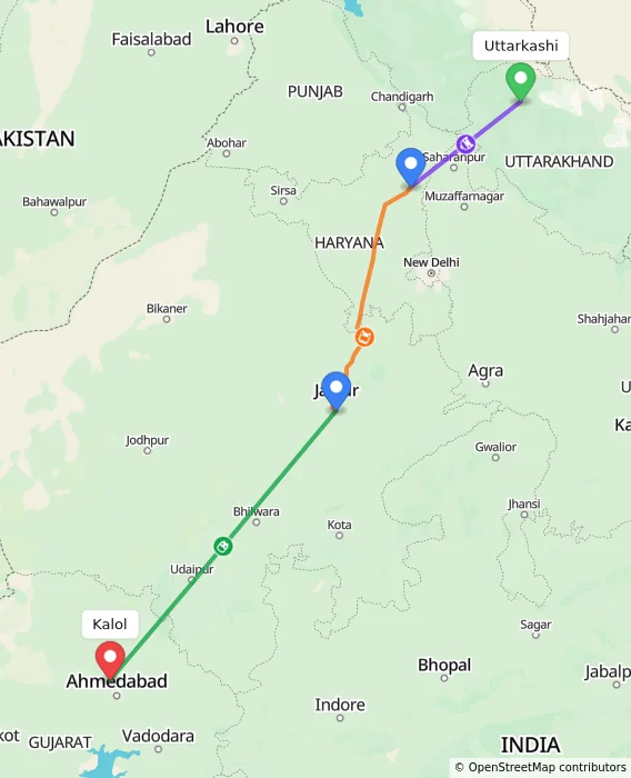 Route map showing distance and travel time from Uttarkashi, India to Kalol, India