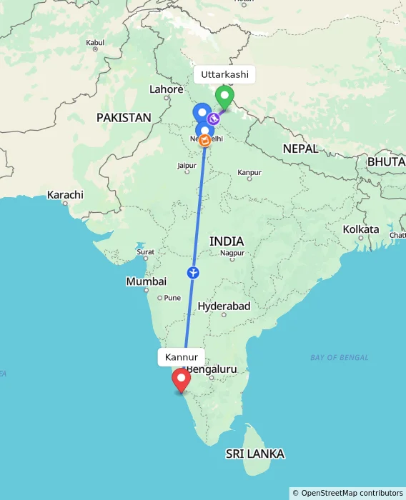 Route map showing distance and travel time from Uttarkashi, India to Kannur, India