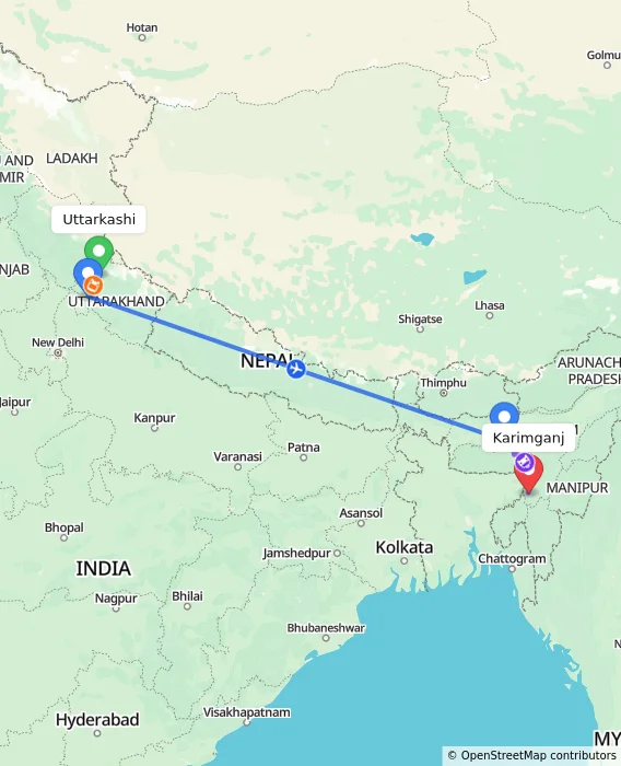Route map showing distance and travel time from Uttarkashi, India to Karimganj, India