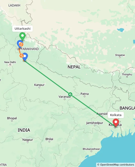 Route map showing distance and travel time from Uttarkashi, India to Kolkata, India