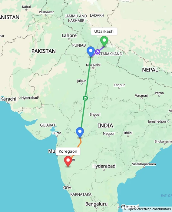 Route map showing distance and travel time from Uttarkashi, India to Koregaon, India