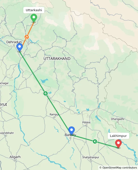 Route map showing distance and travel time from Uttarkashi, India to Lakhimpur, India