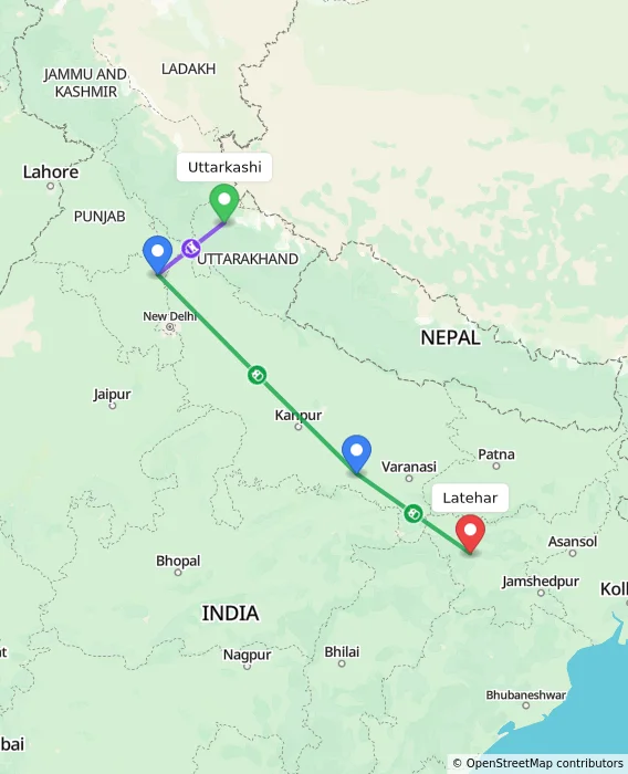 Route map showing distance and travel time from Uttarkashi, India to Latehar, India