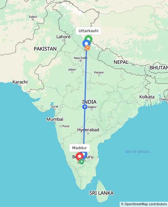 Route map showing distance and travel time from Uttarkashi, India to Maddur, India