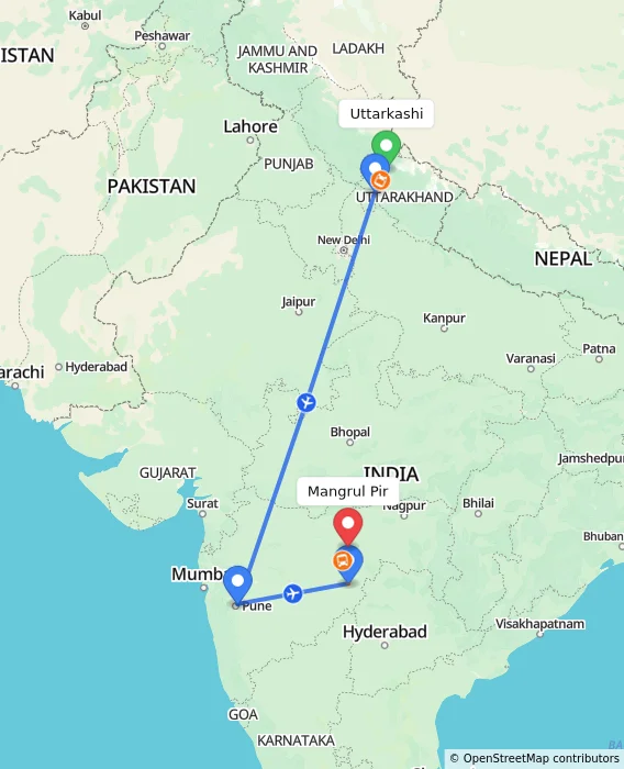 Route map showing distance and travel time from Uttarkashi, India to Mangrul Pir, India