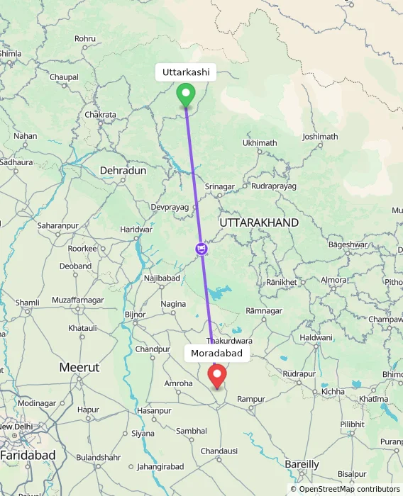 Route map showing distance and travel time from Uttarkashi, India to Moradabad, India