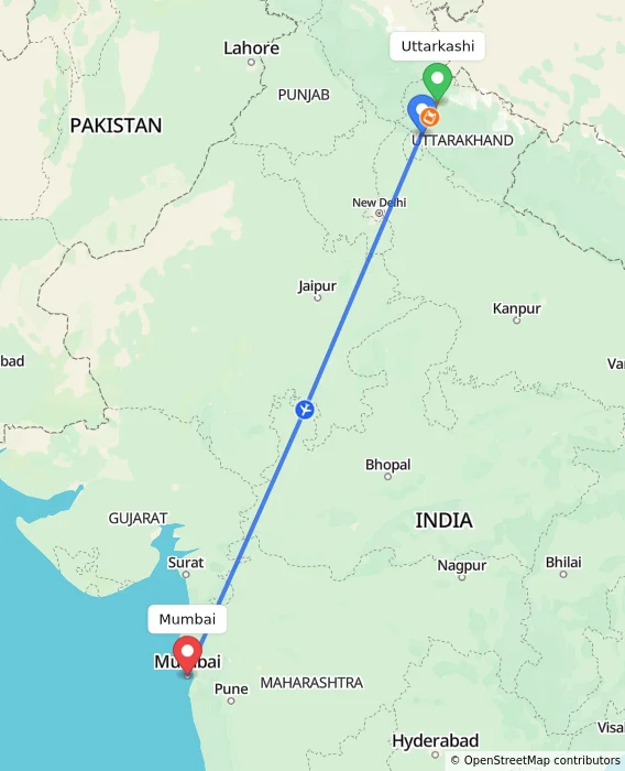 Route map showing distance and travel time from Uttarkashi, India to Mumbai, India