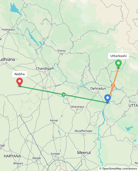 Route map showing distance and travel time from Uttarkashi, India to Nabha, India