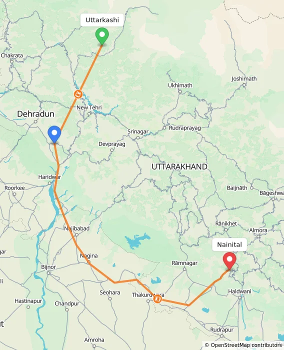 Route map showing distance and travel time from Uttarkashi, India to Nainital, India