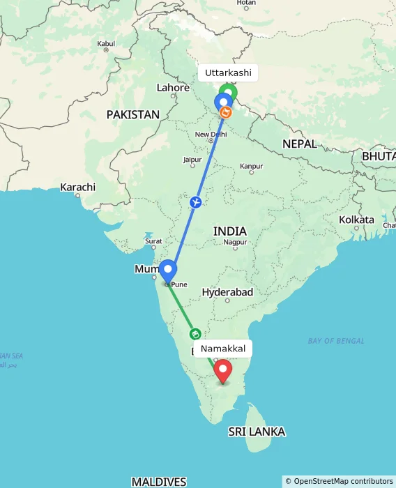 Route map showing distance and travel time from Uttarkashi, India to Namakkal, India