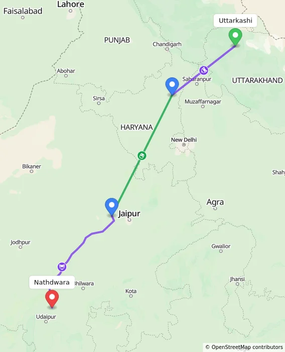 Route map showing distance and travel time from Uttarkashi, India to Nathdwara, India