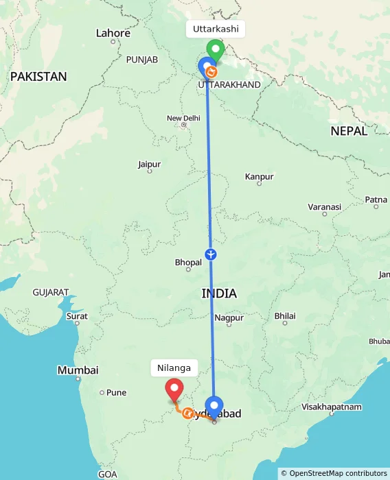 Route map showing distance and travel time from Uttarkashi, India to Nilanga, India