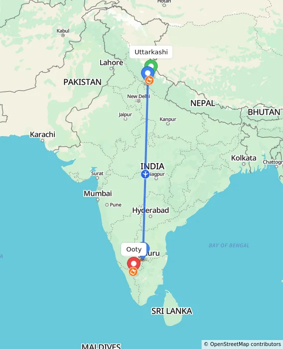 Route map showing distance and travel time from Uttarkashi, India to Ooty, India
