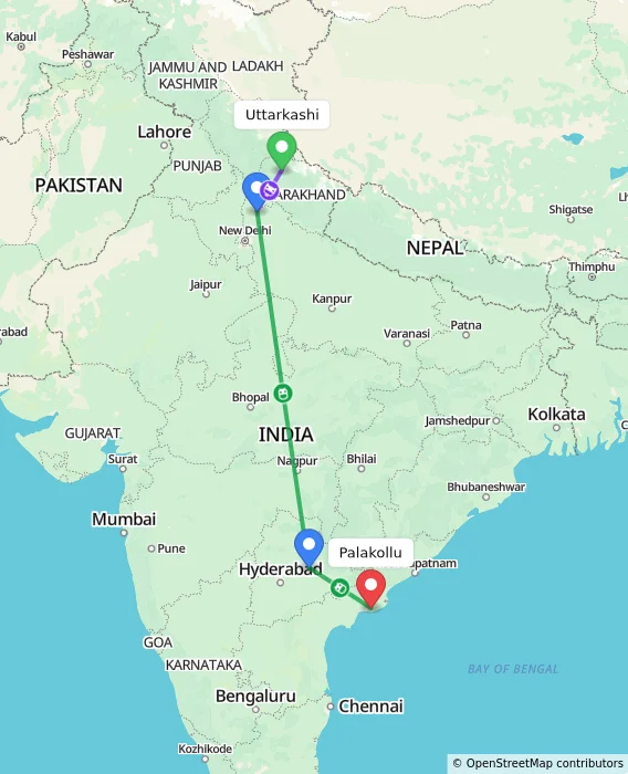 Route map showing distance and travel time from Uttarkashi, India to Palakollu, India