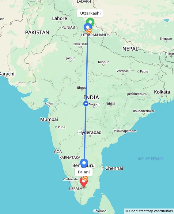 Route map showing distance and travel time from Uttarkashi, India to Palani, India