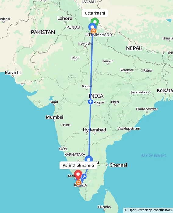 Route map showing distance and travel time from Uttarkashi, India to Perinthalmanna, India