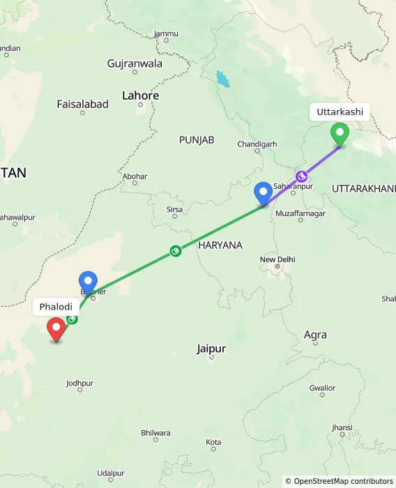 Route map showing distance and travel time from Uttarkashi, India to Phalodi, India