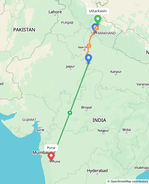 Route map showing distance and travel time from Uttarkashi, India to Pune, India