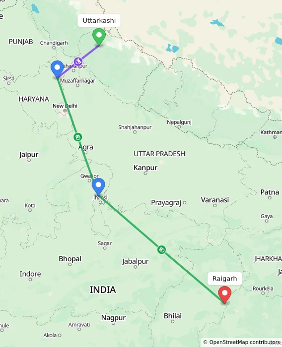 Route map showing distance and travel time from Uttarkashi, India to Raigarh, India