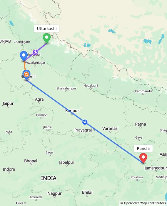 Route map showing distance and travel time from Uttarkashi, India to Ranchi, India