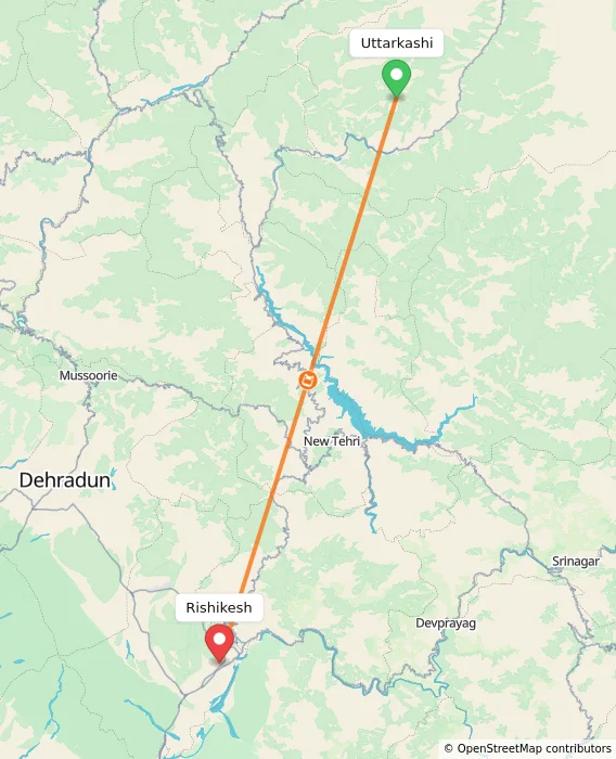 Route map showing distance and travel time from Uttarkashi, India to Rishikesh, India