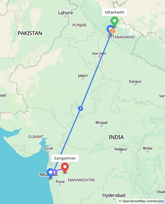 Route map showing distance and travel time from Uttarkashi, India to Sangamner, India