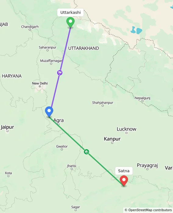 Route map showing distance and travel time from Uttarkashi, India to Satna, India