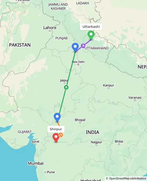 Route map showing distance and travel time from Uttarkashi, India to Shirpur, India