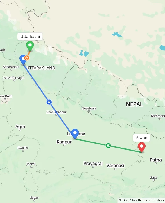 Route map showing distance and travel time from Uttarkashi, India to Siwan, India