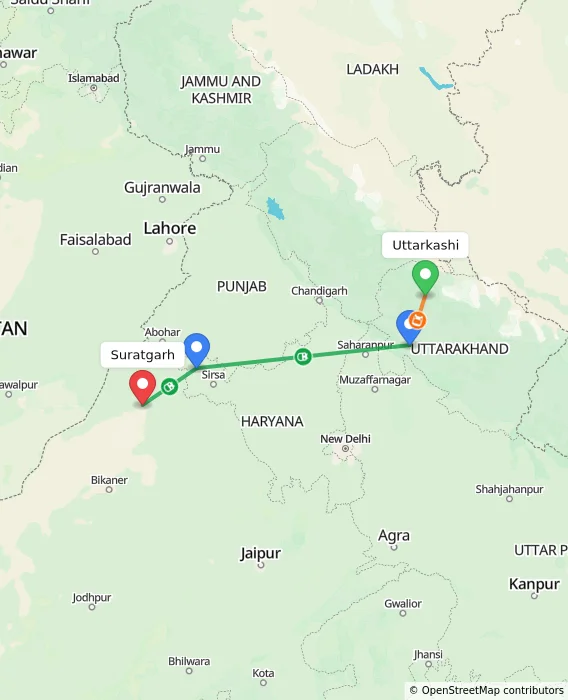 Route map showing distance and travel time from Uttarkashi, India to Suratgarh, India