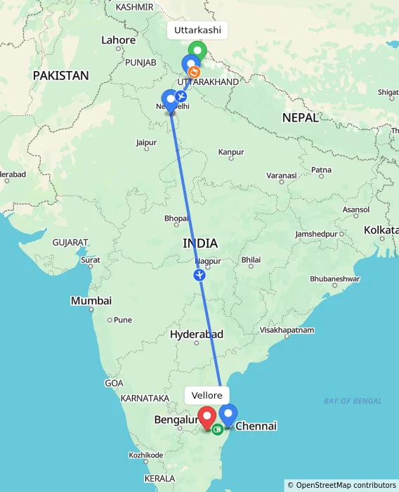Route map showing distance and travel time from Uttarkashi, India to Vellore, India