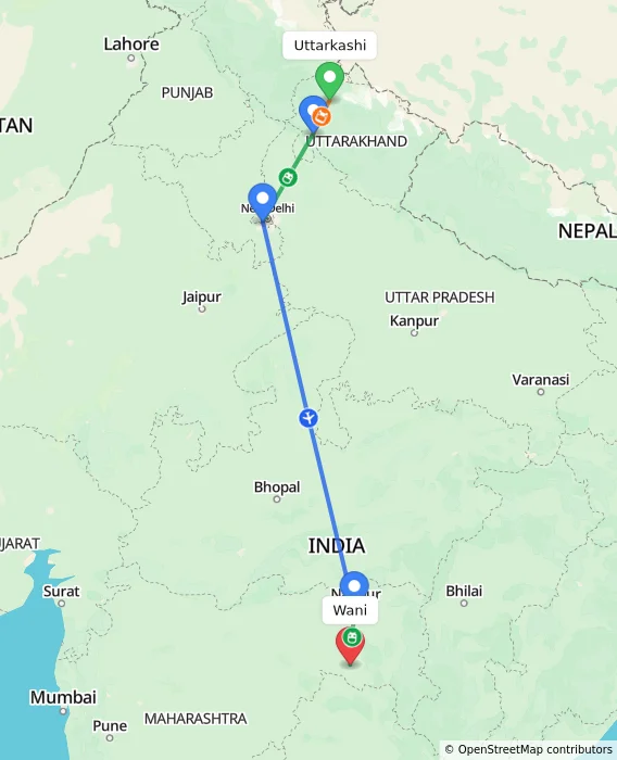 Route map showing distance and travel time from Uttarkashi, India to Wani, India