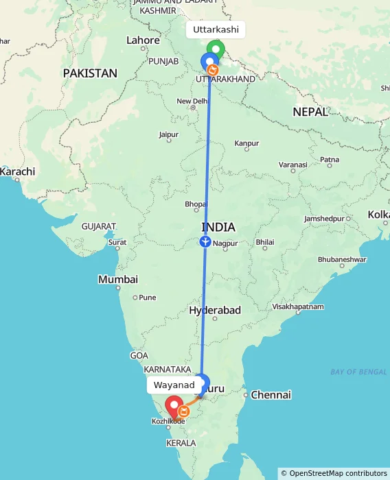 Route map showing distance and travel time from Uttarkashi, India to Wayanad, India