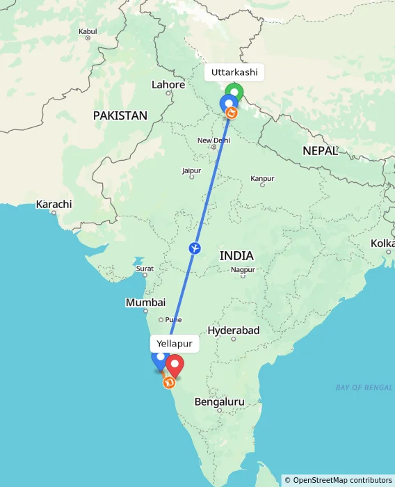 Route map showing distance and travel time from Uttarkashi, India to Yellapur, India
