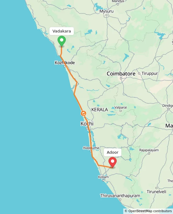 Route map showing distance and travel time from Vadakara, India to Adoor, India