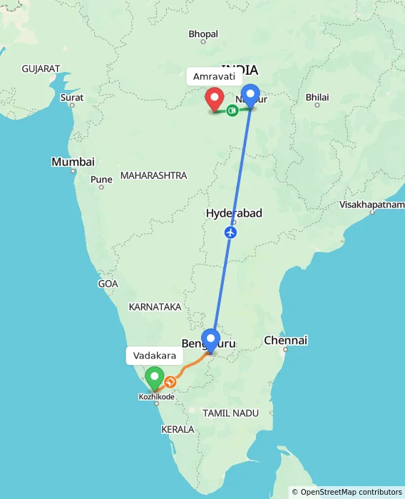 Route map showing distance and travel time from Vadakara, India to Amravati, India
